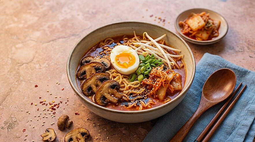 Eine Schüssel mit Ramen-Nudeln in einer würzigen Brühe, garniert mit weichem Ei, Sprossen und eingelegtem Gemüse. Nebenan befindet sich eine kleine Schüssel mit Kimchi. Holzlöffel und Essstäbchen liegen bereit.