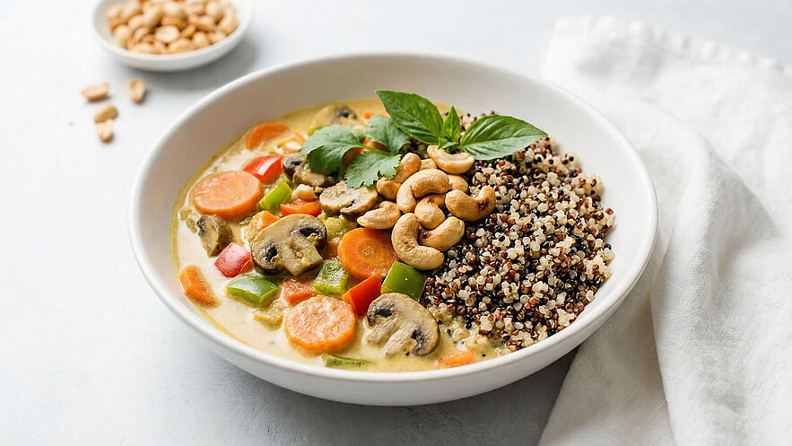 Eine Schüssel mit cremiger Gemüsesuppe, die Möhren, Paprika und Champignons enthält. Neben der Suppe befindet sich eine Portion Quinoa, garniert mit Cashewnüssen und frischem Basilikum. Im Hintergrund ist eine kleine Schale mit Erdnüssen zu sehen.