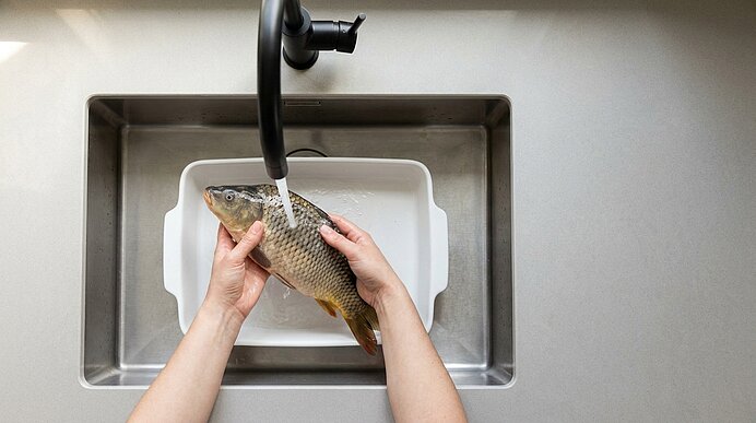 Zwei Hände halten und waschen einen ganzen Karpfen unter fließendem Wasser im Küchenspülbecken auf einer weißen Schale.