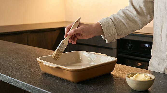 Hand mit Backpinsel fettet eine rechteckige Auflaufform, daneben eine kleine Schale mit Butter.