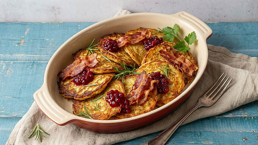 Ein beigefarbenes Serviergericht mit goldbraunen Kartoffelpuffern, garniert mit knusprigem Speck und Preiselbeeren. Einige frische Kräuter verleihen dem Gericht eine dekorative Note. Der Hintergrund ist blau, und die Oberfläche ist mit einem beige-grauen Tuch bedeckt.