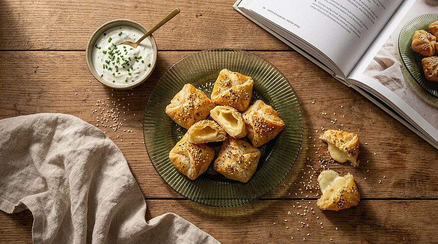 Glasplatte mit goldbraunen, sesambestreuten Blätterteigtaschen, einige aufgebrochen und mit geschmolzenem Käse gefüllt; daneben kleines Schälchen Kräuter-Joghurt-Dip.