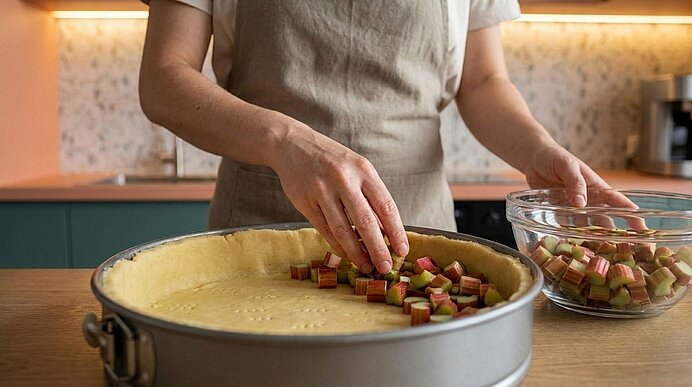 Hände legen gewürfelte Rhabarberstücke aus einer Glasschüssel in eine Springform auf eine helle Käsekuchenfüllung.
