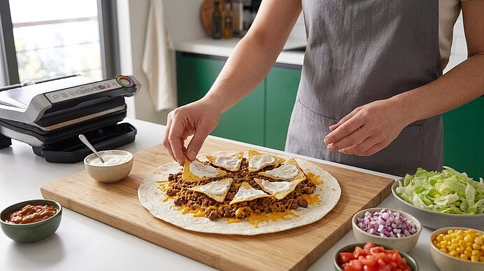 Person belegt große Tortilla auf Holzbrett: Schicht aus gewürztem Hackfleisch und Käse, darauf fünf Sauerrahmtupfen in Sternform; Schalen mit Salat, Mais, Zwiebeln und Tomaten daneben.
