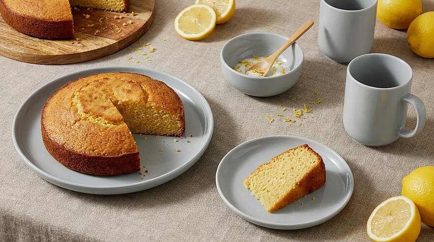 Auf dem Tisch liegt ein runder Zitronenkuchen, aus dem ein Stück herausgeschnitten wurde. Daneben befindet sich ein kleiner Teller mit einem weiteren Stück Kuchen. Es gibt auch eine Schüssel mit einer Löffel, einige Zitronen und zwei graue Becher. Der Tisch ist mit einer neutralen Tischdecke bedeckt.