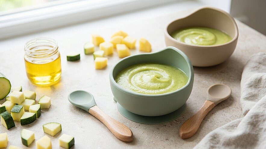 Zwei Schälchen mit grünem Gemüsepüree (Babybrei), zwei Löffel, gewürfelte Zucchini und ein kleines Glas Öl auf hellem Tisch.