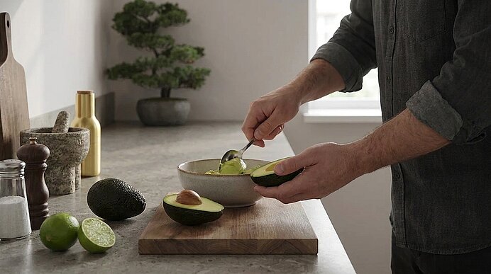 Hände einer Person, die das Fruchtfleisch aus einer halbierten Avocado mit einem Löffel in eine Schüssel löffelt; auf der Arbeitsfläche liegen weitere Avocados, Limetten und Küchenutensilien.