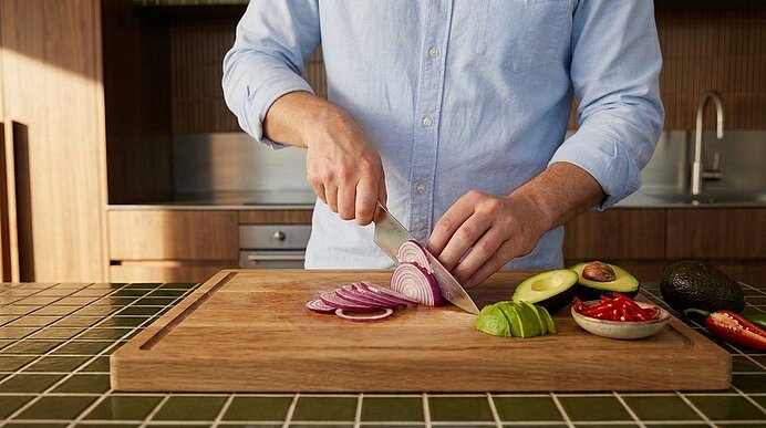 Eine Person schneidet auf einem Holzbrett eine rote Zwiebel mit einem Messer; daneben liegen geschnittene Avocado und rote Chilischoten.