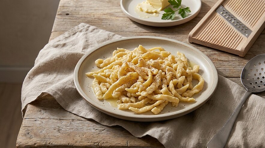 Teller mit frisch zubereiteten Spätzle, glasiert mit Butter und frisch gemahlenem Pfeffer, auf rustikalem Holztisch neben Butter und Spätzlehobel.