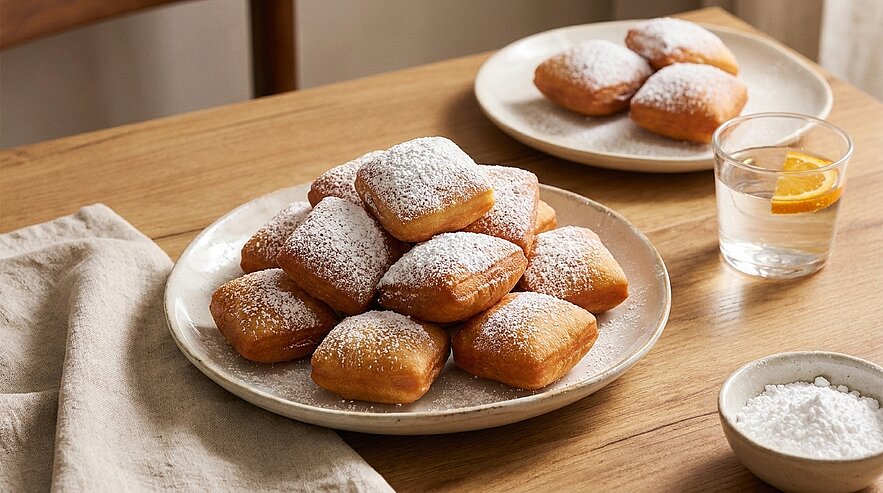 Teller mit gestapelten, quadratischen, goldbraunen Beignets (frittierte Teigstücke), großzügig mit Puderzucker bestäubt.