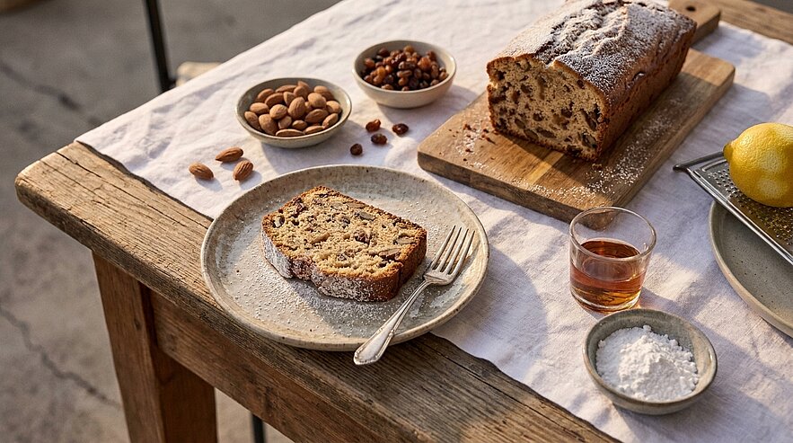 Auf einem Holztisch liegt ein Stück Obstkuchen auf einem Teller, daneben Besteck. Im Hintergrund steht ein ganzes Brot in einer Holzform, umgeben von Schalen mit Mandeln, Rosinen und Puderzucker. Ein Glas mit einer klaren Flüssigkeit ist ebenfalls sichtbar.