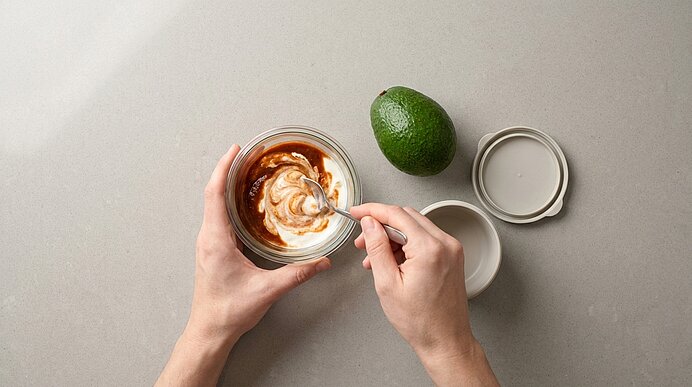 Zwei Hände rühren mit einem Löffel eine cremige Sauce in einem offenen Glas; daneben liegt eine ganze Avocado und ein abgenommener Deckel auf hellem Untergrund.