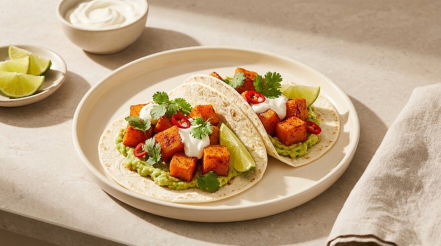 Zwei weiche Tortillas auf einem Teller, gefüllt mit gebackenen Süßkartoffelwürfeln, Guacamole, saurer Sahne, Chiliringen, Koriander und einer Limettenspalte.
