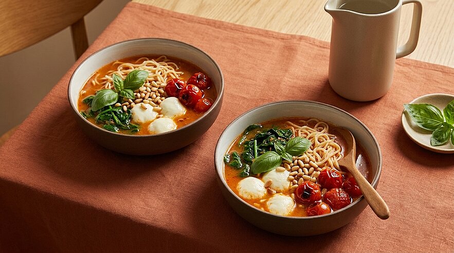 Zwei Schalen mit Pasta-Suppe stehen auf einem Tisch. Die Suppe enthält Spinat, gegrillte Tomaten, Mozzarella und Pinienkerne, garniert mit frischem Basilikum. Neben den Schalen befindet sich eine kleine Untertasse und ein Krug mit Wasser.