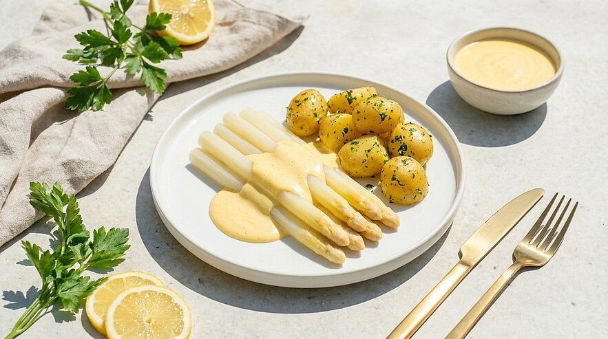 Teller mit weißem Spargel, übergossen mit Sauce Hollandaise, dazu kleine Petersilienkartoffeln; daneben eine Schale mit zusätzlicher Sauce.