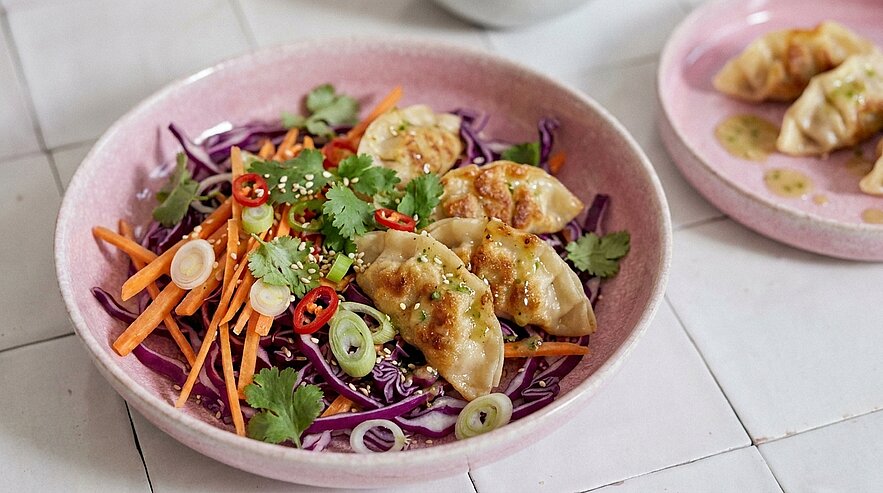 Schüssel mit knusprig gebratenen Gyoza (Teigtaschen) auf Rotkohl‑Karotten‑Salat, garniert mit Frühlingszwiebeln, Koriander, Chiliringeln und Sesam.