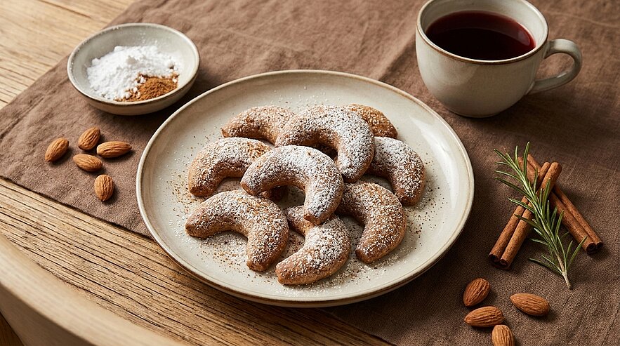 Auf einem Teller liegen mehrere buttergebäckene Plätzchen in Form von Hörnchen, bestäubt mit Puderzucker. Daneben sind einige Mandeln und eine Schale mit Puderzucker. Im Hintergrund steht eine Tasse mit heißem Getränk.