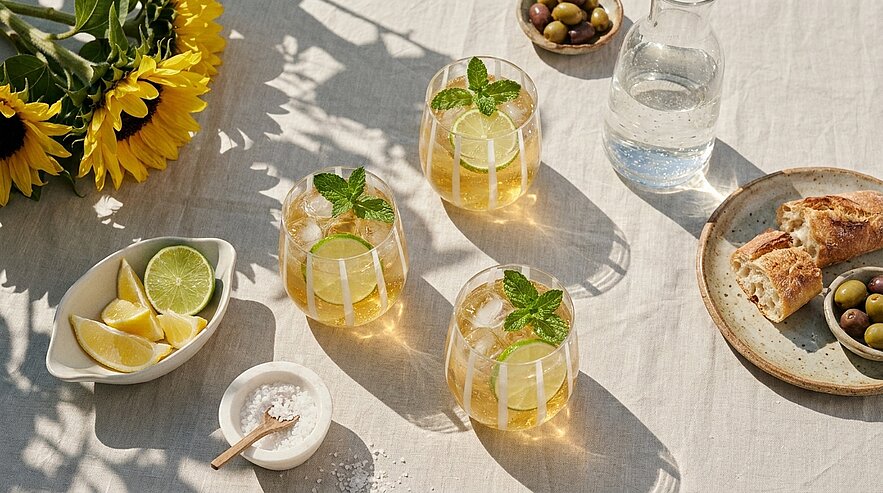 Drei Gläser mit eisgekühltem Getränk, Minzblättern und Zitronenscheiben auf hell gedecktem Tisch; daneben Schale mit Zitronen- und Limettenspalten, Salz, Teller mit Brot und Oliven – sommerliches Erfrischungs- und Snackarrangement.