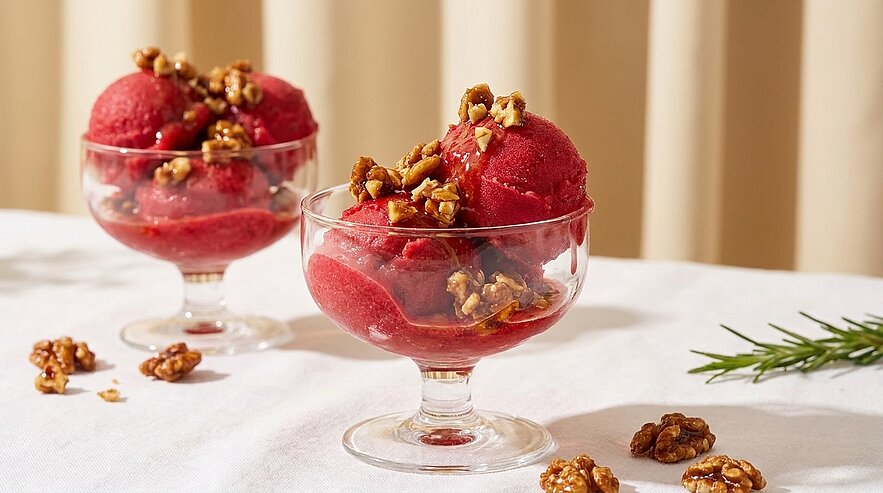 Zwei Glasdessertschalen mit leuchtend rotem Sorbet, jeweils mit karamellisierten Walnussstücken garniert.