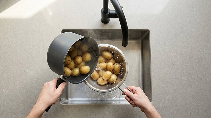 Person gießt frisch gekochte kleine Kartoffeln aus einem Topf in ein Metallsieb über der Spüle; Dampf steigt.