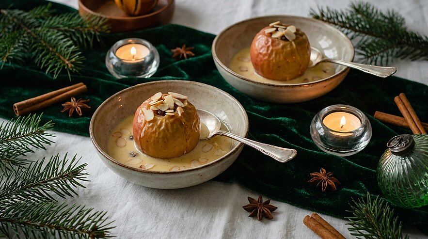 Zwei Schalen mit gebackenen Äpfeln in Vanillesauce, jeweils mit Mandelblättchen bestreut und Löffel; Zimtstangen, Sternanis und kleine Kerzen auf weihnachtlich dekoriertem Tisch.