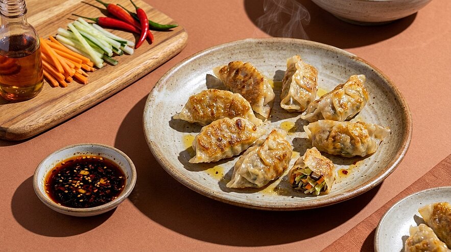 Gebratene, goldbraune Teigtaschen (Gyoza) auf einem Keramikteller, eine halbierte mit sichtbarer Füllung, dazu Schälchen mit würziger Sojasauce und Brett mit Gurken-, Karottenstreifen und Chili.