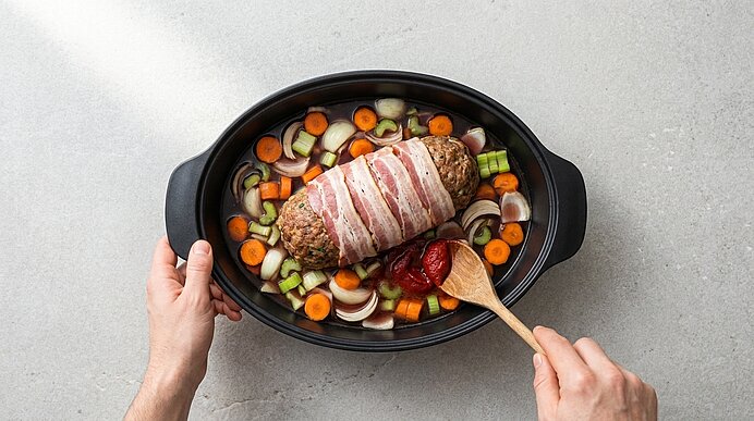 Hände halten einen Bräter mit einem in Speck gewickelten Hackbraten in der Mitte, umgeben von geschnittenen Karotten, Zwiebeln, Sellerie und Tomaten; eine Hand rührt mit einem Holzlöffel.