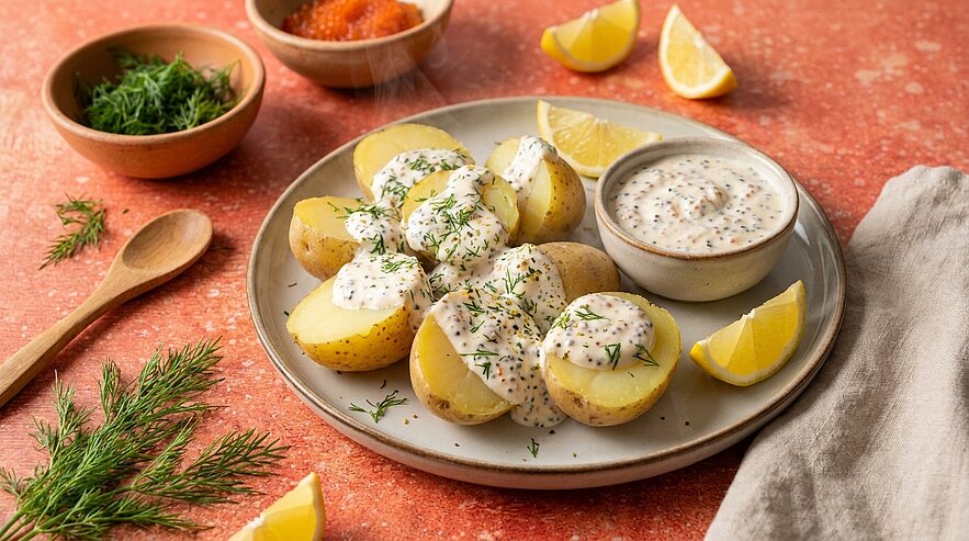 Ein Teller mit geschälten, aufgeschnittenen Kartoffeln, die mit einer cremigen Sauce und Dill garniert sind. Dazu eine Schüssel mit einer zusätzlichen Sauce und Zitronenscheiben. Im Hintergrund sind Kräuter und eine kleine Schüssel mit Rogen sichtbar. Der Tisch hat eine rot-orangefarbene Oberfläche.