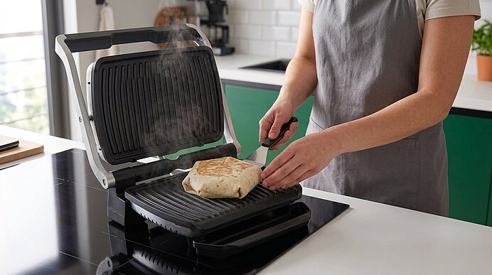 Hände einer Person in Schürze heben mit einem Spachtel einen dampfenden Wrap/Burrito aus einem geöffneten Kontaktgrill in einer Küche.