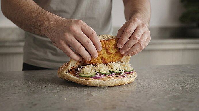 Hände legen die obere Brötchenhälfte auf ein belegtes Sandwich mit paniertem Schnitzel, gehobeltem Krautsalat, Gurkenscheiben und roten Zwiebelringen.