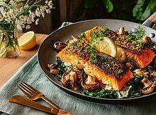 Image of Fruchtiges Lachsfilet mit Rahmspinat und Pilzen