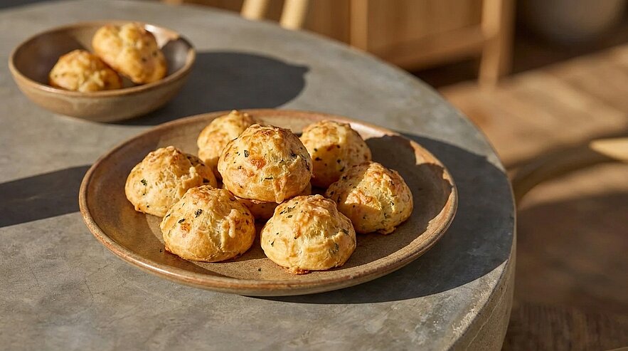 Rustikaler Teller mit mehreren goldbraunen, runden Käsebrötchen mit Kräuterstückchen, serviert im warmen Sonnenlicht.