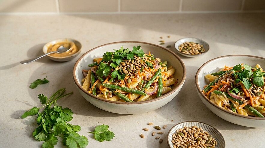 Zwei Schalen Nudelsalat mit Penne, Streifen von Karotte und Gurke, frischem Koriander und gerösteten Pinienkernen; daneben kleine Schälchen mit Dressing und zusätzlichen Kernen.