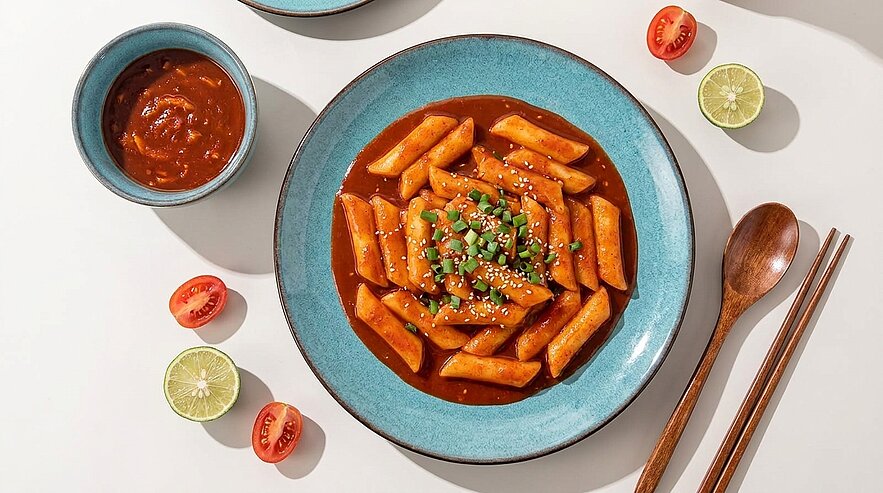 Ein flacher, blauer Teller mit Dampfendennudeln in einer würzigen Sauce, garniert mit Frühlingszwiebeln und Sesam. Daneben eine kleine Schüssel mit Sauce, eine Holzlöffel und einige frische Limetten und Tomaten.