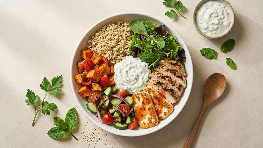 Eine Schüssel mit Quinoa, gegrilltem Hähnchen, gebratenem Gemüse, frischem Salat und einer Joghurtsauce. Das Gericht ist abwechslungsreich und gesund, angereichert mit verschiedenen Gemüsesorten, darunter Gurken und Tomaten, und dekoriert mit frischen Kräutern wie Minze und Petersilie.