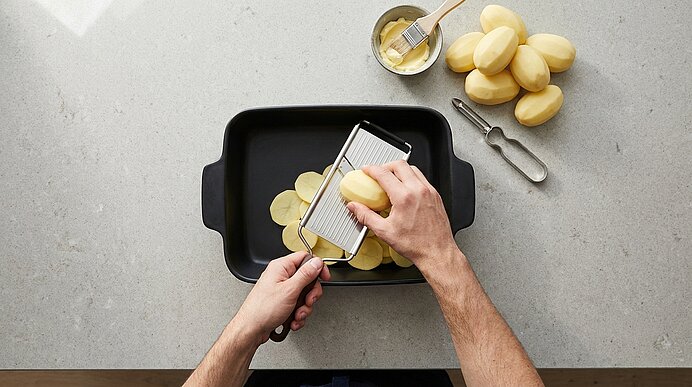 Hände schneiden mit einer Mandoline dünne Kartoffelscheiben über einer Auflaufform; daneben liegen geschälte Kartoffeln, ein Schäler und eine Schüssel mit Öl zum Bestreichen.