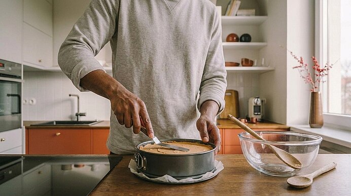 Unbekannte Person bäckt in einer Küche: Hände glätten Kuchenteig in einer Springform mit Spachtel; daneben eine Glasrührschüssel und ein Holzlöffel auf der Arbeitsfläche.