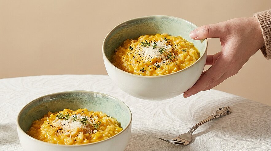 Eine Hand hält eine Schüssel mit Risotto, das mit Kräutern und Parmesan bestreut ist. Im Vordergrund steht eine zweite Schüssel mit derselben Speise. Der Hintergrund ist neutral und hell, was den Fokus auf das Gericht lenkt.