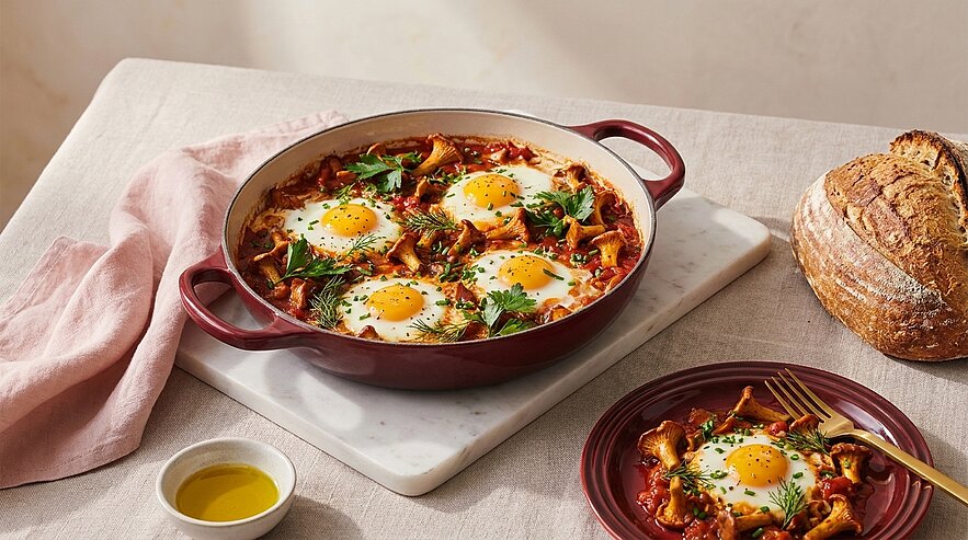 Rote Pfanne mit vier Eiern in würziger Tomatensauce, mit frischer Petersilie garniert; daneben ein Teller mit einem Ei, ein Brotlaib und eine Schale Olivenöl.