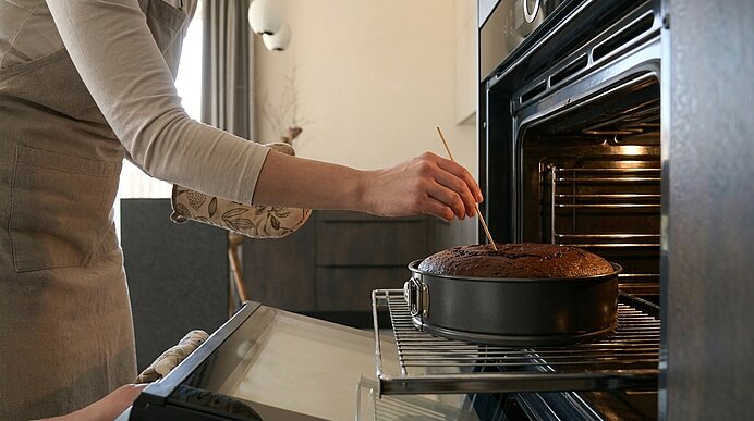 Hand einer Person zieht einen runden Kuchen aus dem Backofen und prüft ihn mit einem Holzspieß.