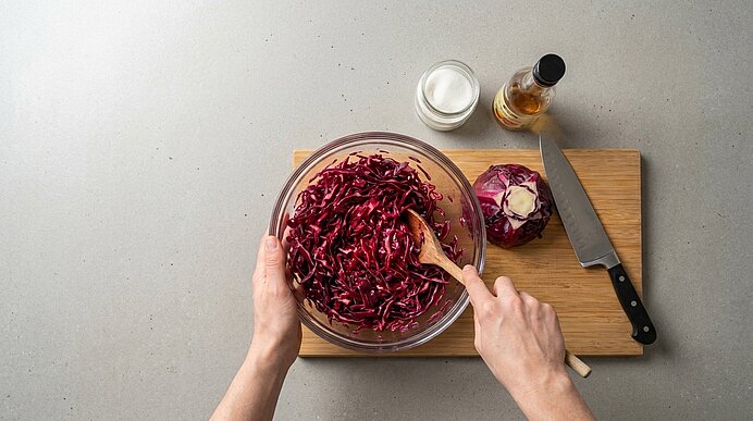Hände rühren gehobelten Rotkohl in einer Glasschüssel auf einem Holzbrett; daneben liegen ein halbierter Rotkohl, ein Messer und eine Gewürzflasche.