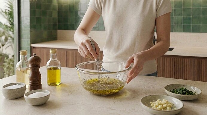 Person rührt mit einem Schneebesen in einer Glasschüssel eine Vinaigrette; auf der Arbeitsfläche stehen Olivenöl, Pfeffermühle, Salz und kleine Schalen mit gehacktem Knoblauch und Kräutern.