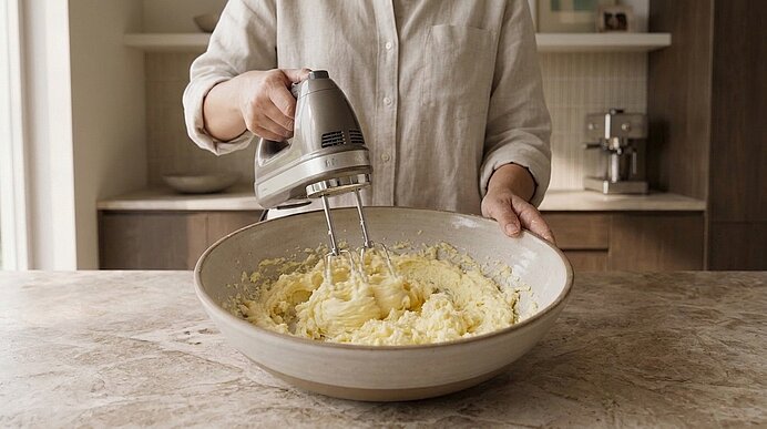 Hände einer Person, die mit einem elektrischen Handmixer cremigen Teig in einer großen Schüssel auf einer Küchenarbeitsfläche verrührt.