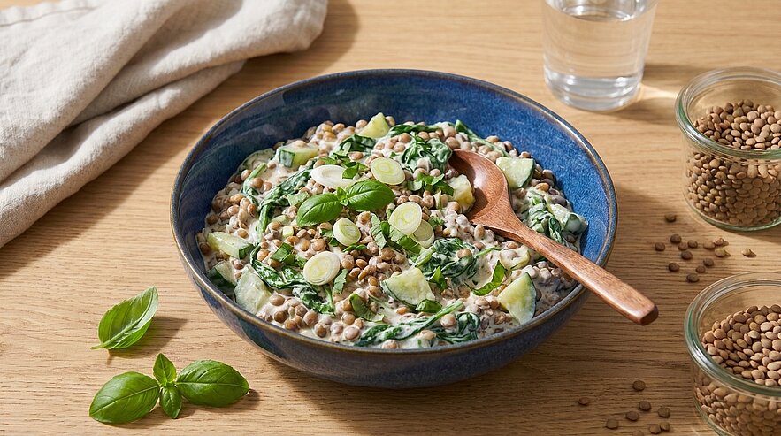 Blaue Schüssel mit cremigem Linsensalat aus braunen Linsen, Gurkenscheiben, frischem Spinat und Basilikum, darin ein Holzlöffel.