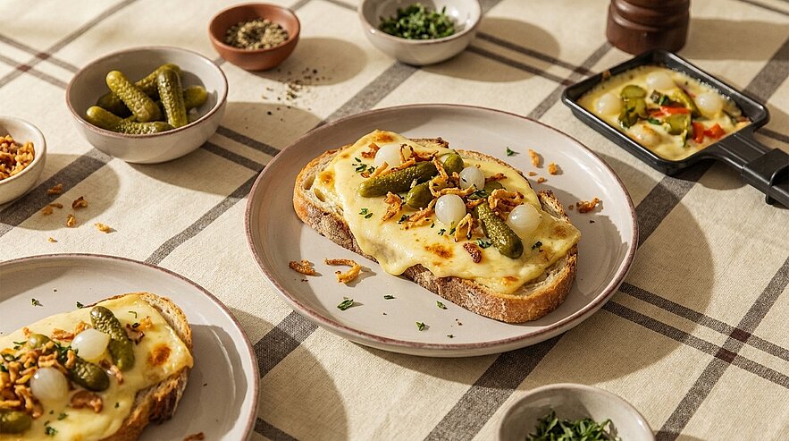 Auf Tellern: geröstetes Brot mit geschmolzenem Raclettekäse, Cornichons, Perlzwiebeln, knusprigen Röstzwiebeln und frischen Kräutern.