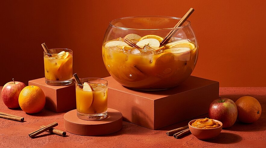 Große Glasschüssel mit orangem Punsch, Eis, Zitronen- und Orangenscheiben sowie Zimtstangen; zwei gefüllte Gläser, Äpfel und Orangen auf orangem Hintergrund.
