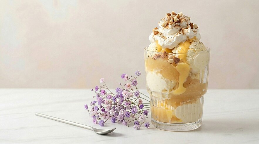 Glas mit Vanilleeis, Karamellsauce, Schlagsahne und gehackten Nüssen, dekorativ neben kleinen lila Blüten und einem Löffel.