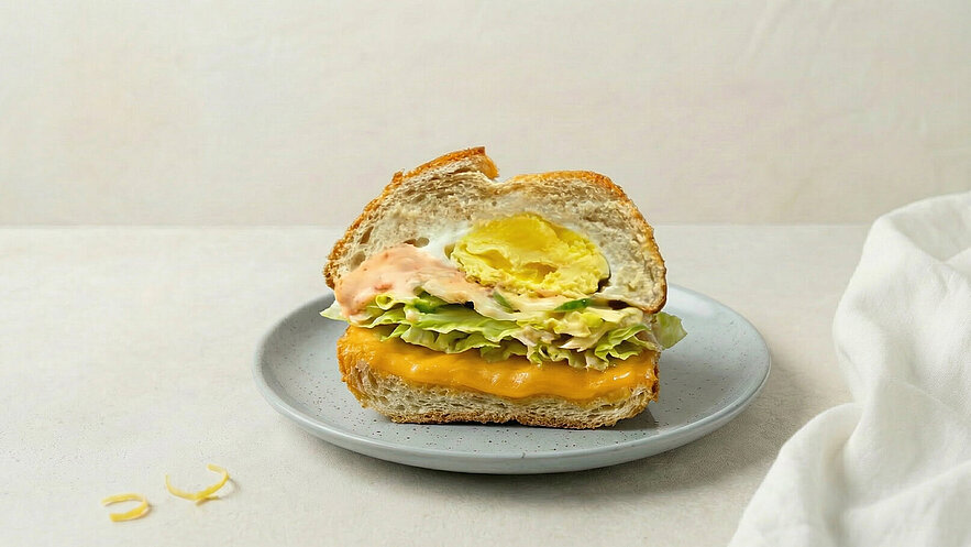 Ein halbierter Sandwich auf einem grauen Teller, gefüllt mit frischem Salat, einer Scheibe Käse und einer cremigen Sauce. Das Brötchen ist weich und leicht angeröstet, während die Füllung appetitlich aussieht. Der Hintergrund ist neutral und lenkt nicht von dem Sandwich ab.