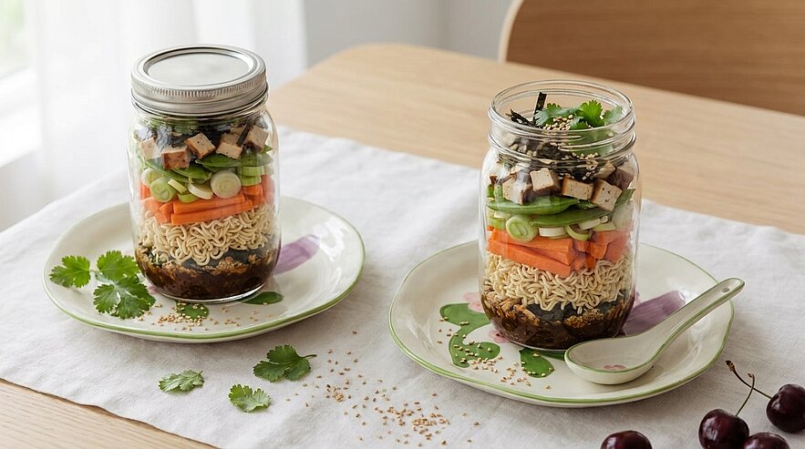 Zwei Einmachgläser mit geschichteten Nudeln und Gemüse: Sauce unten, Instantnudeln, Karotten, Edamame, Frühlingszwiebeln und gewürfelter Tofu, oben Sesam und Koriander, auf kleinen Tellern mit Löffel.