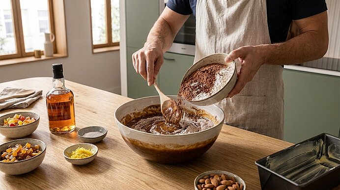 Person in Schürze rührt Kakaopulver in eine große Schüssel mit Teig und bereitet den Kuchenteig zum Backen vor.